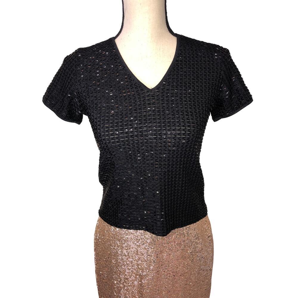 Vintage Glass Bead Top Size M Black Short Sleeve 90s Y2K V Neck Chic Whimsigoth